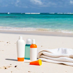 Caribbean Holidays, Cayman Beach Holidays, Traveller relaxing on a shaded Cayman Islands beach with sun cream, water and a light towel, calm turquoise sea in the background