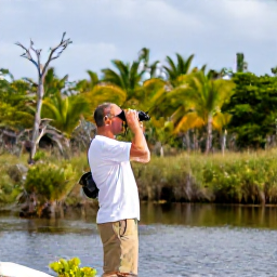 Caribbean Holidays, Cayman Birdwatching, A birder using binoculars beside a calm wetland surrounded by tropical vegetation on Grand Cayman