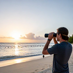 Caribbean Holidays, Cayman Birdwatching, A traveller with binoculars watching birds at sunrise beside a Caribbean coast in the Cayman Islands