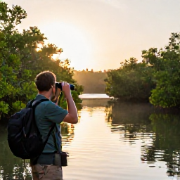 Caribbean Holidays, Cayman Birdwatching, Birdwatcher exploring a quiet mangrove wetland in the Cayman Islands at sunrise, binoculars in hand, tropical vegetation and calm water