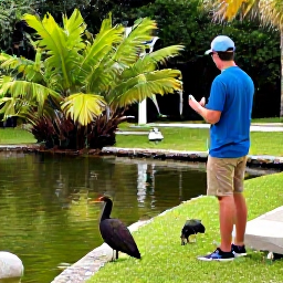 Caribbean Holidays, Cayman Birdwatching, Birdwatcher observing birds beside a freshwater pond and woodland at the Queen Elizabeth II Botanic Park in Grand Cayman