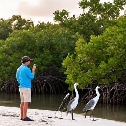 Caribbean Holidays, Cayman Birdwatching, Birdwatcher observing birds beside a mangrove wetland in Grand Cayman, with lush greenery and soft morning light