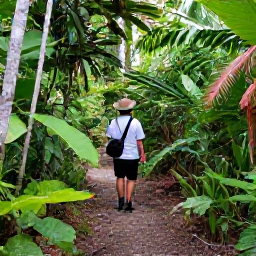 Caribbean Holidays, Cayman Birdwatching, Birdwatcher on a forest trail in the Queen Elizabeth II Botanic Park, Cayman Islands, surrounded by lush vegetation