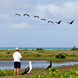 Caribbean Holidays, Cayman Birdwatching, Birdwatcher on Little Cayman near the Booby Pond Nature Reserve, viewing red-footed boobies and frigatebirds over a coastal wetland
