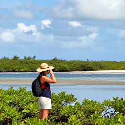Caribbean Holidays, Cayman Birdwatching, Birdwatcher using binoculars beside a peaceful Cayman Islands wetland, with mangroves, shallow water and tropical birds in the distance