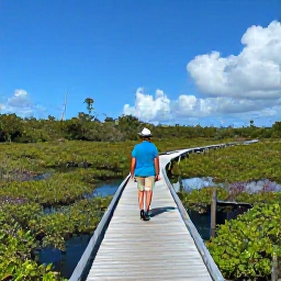 Caribbean Holidays, Cayman Birdwatching, Birdwatcher walking along a boardwalk through the peaceful wetlands of Grand Cayman