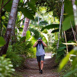 Caribbean Holidays, Cayman Birdwatching, Birdwatcher walking quietly along a shaded trail through Cayman Brac woodland with binoculars