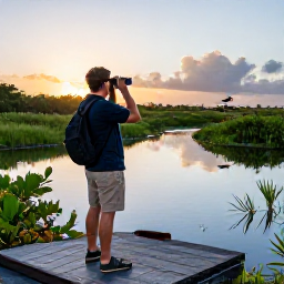 Caribbean Holidays, Cayman Birdwatching, Birdwatcher with binoculars beside a quiet wetland in Grand Cayman at sunrise