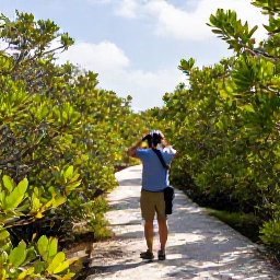 Caribbean Holidays, Cayman Birdwatching, Birdwatcher with binoculars on a peaceful nature trail beside mangroves in Grand Cayman, bright February morning
