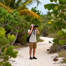 Caribbean Holidays, Cayman Birdwatching, Birdwatcher with binoculars on a quiet Cayman Islands nature trail, surrounded by scrub woodland and palms