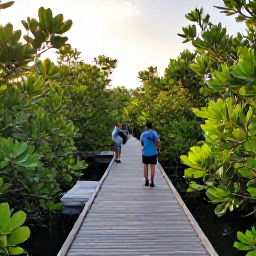 Caribbean Holidays, Cayman Birdwatching, Birdwatchers exploring a peaceful mangrove boardwalk and wetland reserve in the Cayman Islands under soft morning sunlight