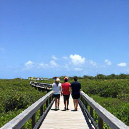 Caribbean Holidays, Cayman Birdwatching, Birdwatchers walking quietly along a boardwalk through the Cayman Islands wetlands beneath a clear blue sky