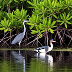 Caribbean Holidays, Cayman Birdwatching, Blue-winged teal and herons beside still water at the bird-rich wetlands of the Cayman Islands, surrounded by mangroves