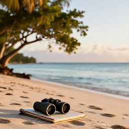 Caribbean Holidays, Cayman Birdwatching, Cayman Islands beach at dawn with a field notebook, binoculars and tropical trees beside calm blue water
