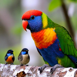 Caribbean Holidays, Cayman Birdwatching, Close-up wildlife scene of a colourful Caribbean parrot and small native birds in Cayman woodland, natural daylight