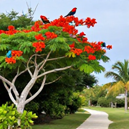 Caribbean Holidays, Cayman Birdwatching, Colourful Caribbean birds perched among flowering trees and palms beside a nature trail on Grand Cayman