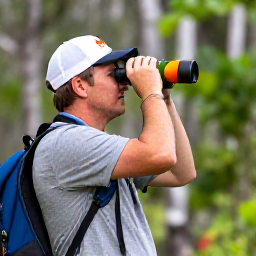 Caribbean Holidays, Cayman Birdwatching, Colourful Cayman Islands woodland with a birdwatcher spotting a Cuban parrot through binoculars