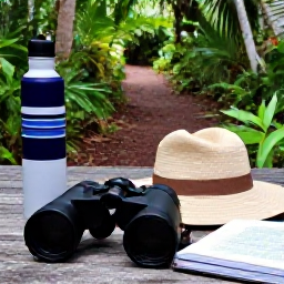 Caribbean Holidays, Cayman Birdwatching, Comfortable Caribbean nature holiday scene with binoculars, sun hat, water bottle and field guide beside a woodland path in March