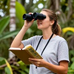 Caribbean Holidays, Cayman Birdwatching, Friendly birdwatching holiday scene in Grand Cayman with binoculars, a field guide and tropical woodland in the background