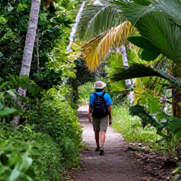 Caribbean Holidays, Cayman Birdwatching June, Birdwatcher walking along a shaded nature trail in Grand Cayman, surrounded by woodland, palms and tropical birds