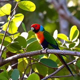 Caribbean Holidays, Cayman Birdwatching June, Colourful Cayman parrot perched on a branch in tropical woodland, with bright green leaves and warm morning sunlight