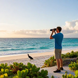 Caribbean Holidays, Cayman Birdwatching June, Relaxed birdwatcher beside a quiet Cayman beach at sunrise, binoculars ready, with turquoise sea and low coastal vegetation