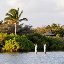 Caribbean Holidays, Cayman Birdwatching, Quiet August morning at a Cayman Islands wetland reserve, with tropical vegetation, calm water and birdwatchers using binoculars