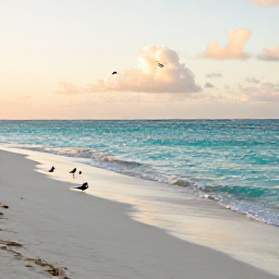 Caribbean Holidays, Cayman Birdwatching, Quiet Cayman Islands beach at dawn with seabirds along the shoreline, turquoise sea and low golden light