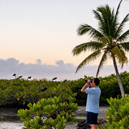 Caribbean Holidays, Cayman Birdwatching, Quiet dawn at a Cayman Islands wetland with birdwatchers using binoculars among mangroves and tropical vegetation