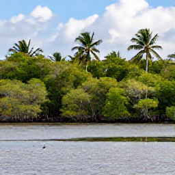 Caribbean Holidays, Cayman Birdwatching, Quiet mangrove wetland in the Cayman Islands with wading birds and tropical greenery under a partly cloudy July sky