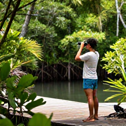Caribbean Holidays, Cayman Birdwatching, Quiet mangrove wetlands and tropical woodland in Grand Cayman, with a birdwatcher using binoculars on a sunny May morning