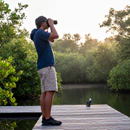 Caribbean Holidays, Cayman Birdwatching, Quiet mangrove wetlands and tropical woodland in the Cayman Islands at sunrise, with a birdwatcher using binoculars