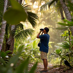 Caribbean Holidays, Cayman Birdwatching, Quiet November morning at the Mastic Trail in Grand Cayman, with lush woodland, native Caribbean birds and a birdwatcher carrying binoculars