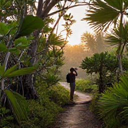 Caribbean Holidays, Cayman Birdwatching, Quiet wetland mangroves and tropical woodland at dawn in the Cayman Islands, with a birdwatcher using binoculars from a discreet trail