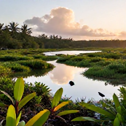 Caribbean Holidays, Cayman Birdwatching, Quiet wetland reserve in Grand Cayman at sunrise, with tropical vegetation, shallow pools and colourful Caribbean birds