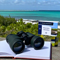 Caribbean Holidays, Cayman Birdwatching, Relaxed birdwatching holiday scene in the Cayman Islands, with binoculars, field guide and turquoise sea beyond coastal vegetation