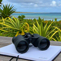 Caribbean Holidays, Cayman Birdwatching, Relaxed Caribbean birdwatching holiday scene in the Cayman Islands, with binoculars, a field notebook, tropical vegetation and calm blue sea