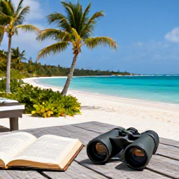 Caribbean Holidays, Cayman Birdwatching, Relaxed Caribbean hotel terrace in the Cayman Islands with binoculars, field guide and tropical sea view