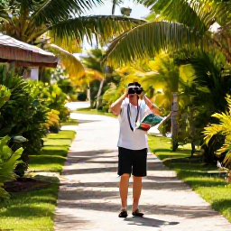 Caribbean Holidays, Cayman Birdwatching, Relaxed Caribbean morning on Grand Cayman with binoculars, a field guide and tropical birds near a shaded path