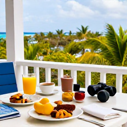 Caribbean Holidays, Cayman Birdwatching, Relaxed outdoor breakfast on a Cayman Islands veranda with binoculars, field guide and tropical landscape beyond