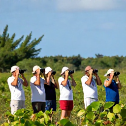 Caribbean Holidays, Cayman Birdwatching, Small guided birdwatching group beside a Cayman Islands wetland, with binoculars and tropical scenery
