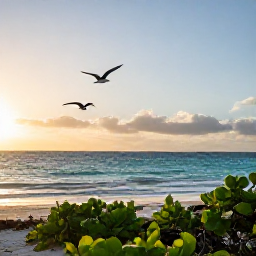 Caribbean Holidays, Cayman Birdwatching, Sunrise over the shoreline and coastal scrub of Grand Cayman, with seabirds flying above calm turquoise water