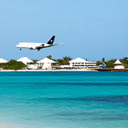 Caribbean Holidays, Cayman Business Class, Airliner arriving over clear turquoise sea beside Grand Cayman, with a welcoming tropical airport atmosphere