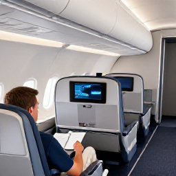 Caribbean Holidays, Cayman Business Class, Business class aircraft cabin with spacious seats, a traveller enjoying a comfortable flight towards the sunny Cayman Islands