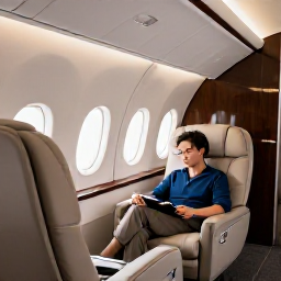 Caribbean Holidays, Cayman Business Class, Business class aircraft cabin with spacious seats, a traveller enjoying a relaxed January flight towards the sunny Cayman Islands