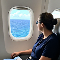 Caribbean Holidays, Cayman Business Class, Business-class passenger relaxing in a comfortable airline seat, looking through the window at the blue Caribbean sea below