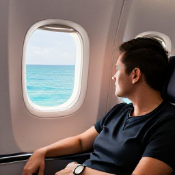 Caribbean Holidays, Cayman Business Class, Business-class passenger relaxing in a spacious aircraft seat with a view of turquoise Caribbean waters from the window