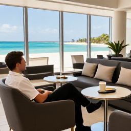 Caribbean Holidays, Cayman Business Class, Business class passenger relaxing in an elegant airport lounge before flying to the sunny Cayman Islands