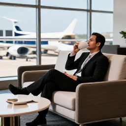 Caribbean Holidays, Cayman Business Class, Business class traveller relaxing in an airport lounge before an October flight to Grand Cayman