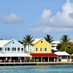 Caribbean Holidays, Cayman Business Class, Colourful George Town waterfront in Grand Cayman with historic buildings, palm trees and visitors exploring shops and caf&eacute;s
